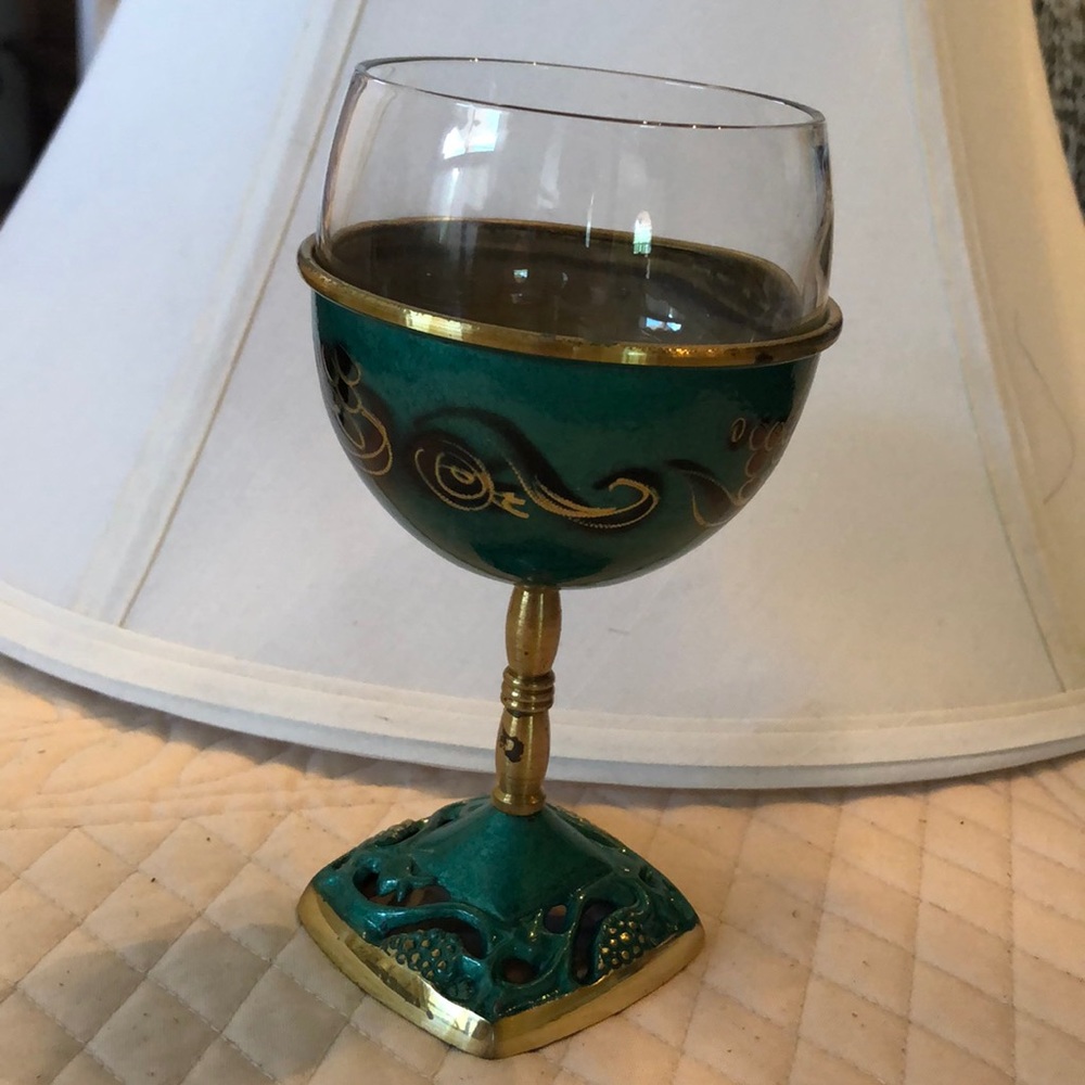 Stunning Vintage Enamel on brass and Glass insert Kiddish cup made in Israel